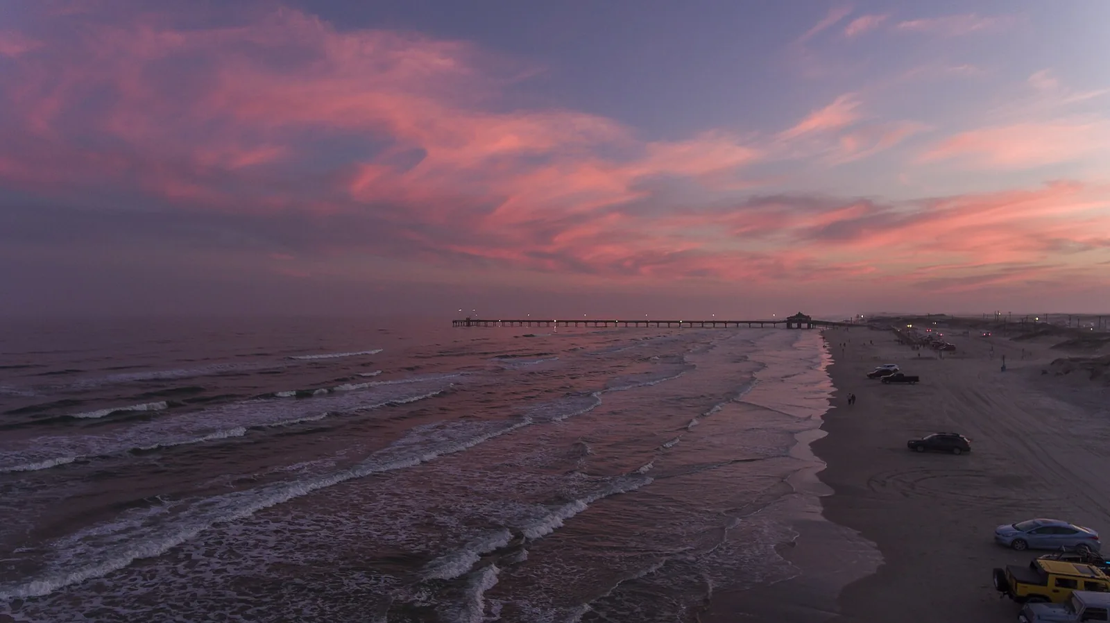 Aerial view of South Padre Island beach at sunset